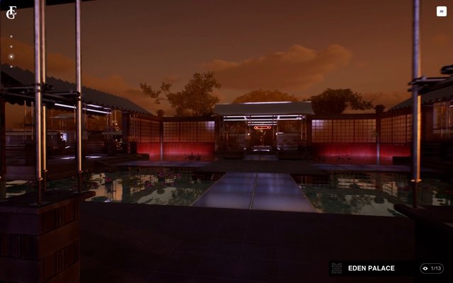 Video Reference: courtyard, outdoor, dusk, water, reflection, walkway, architecture, garden, trees, ambient lighting, red light, symmetrical, modern design, pavilion, sky, night