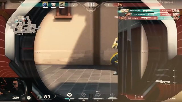 Video Reference: video game, esports, shooter, first person, scope, rifle, broadcast overlay, minimap, scoreboard, competitive match, game HUD, player cam, aiming, doorway, screenshot, tournament