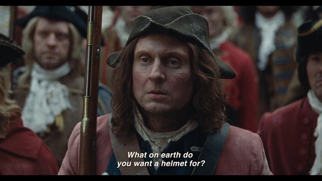 Video Reference: historical drama, soldier, close-up, costume, period clothing, musket, crowd, battle scene, helmet, outdoor, cinematic, subtitles, portrait, war