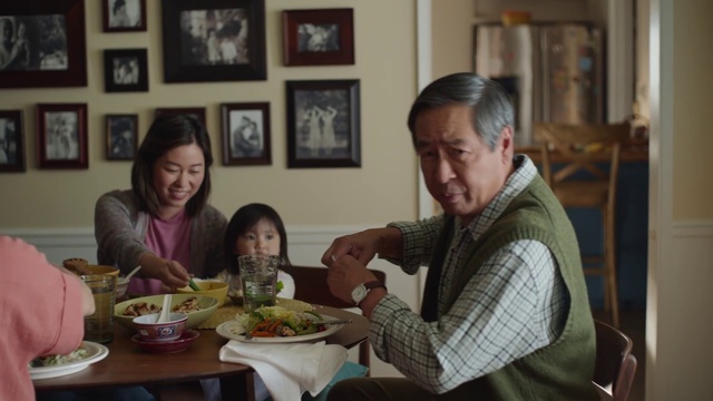 Video Reference: Food, Tableware, Picture frame, Table, Plate, Sharing, Chair, Smile, Cuisine, Dish