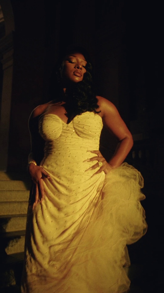 Video Reference: Head, Dress, One-piece garment, Wedding dress, Flash photography, Strapless dress, Bridal party dress, Waist, Gown, Bridal clothing