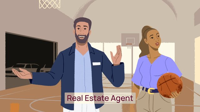 Video Reference: illustration, people, indoor court, basketball, gym, basketball hoop, smiling, standing, sports, real estate agent, male, female, text overlay, cartoon, interior, ball