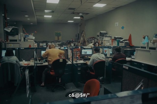 Video Reference: office, cubicles, workspace, computers, employees, indoor, open plan, desk, monitor, ladder, busy, corporate, call center, scene, interior, work