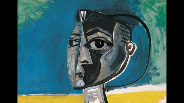 Video Reference: abstract, portrait, painting, face, profile, eye, art, blue background, green background, yellow band, modern art, mixed media, canvas