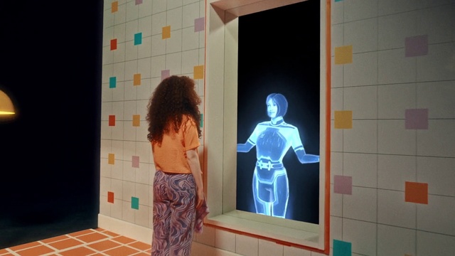 Video Reference: Textile, Standing, Interior design, Art, Flooring, Line, Wall, Building, Pattern, Event