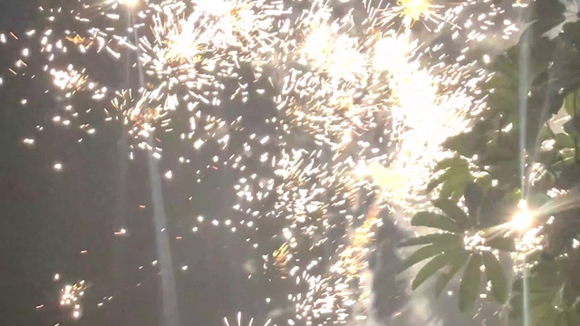 Video Reference: Fireworks, Sky, Midnight, Recreation, Holiday, Event, Space, Darkness, Electric blue, New year