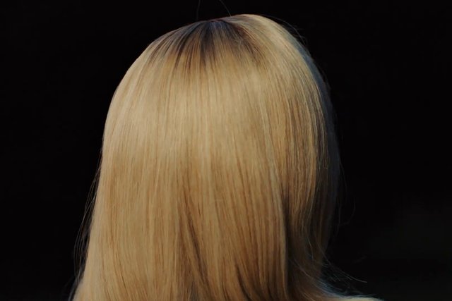 Video Reference: blonde hair, hair close-up, rear view, long hair, straight hair, portrait, black background, studio, beauty, fashion, head shot, isolated subject