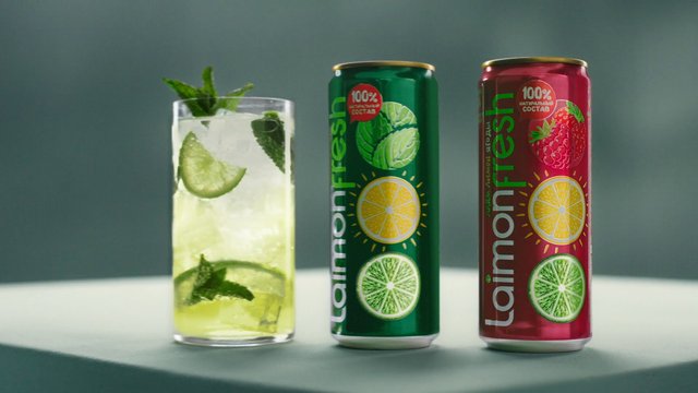 Video Reference: drink, beverage, canned drink, soda, citrus, lime, mint, raspberry, glass, ice, product shot, still life, refreshing, tabletop, packaging, fruit