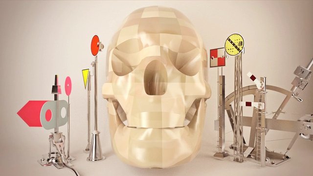 Video Reference: skull, 3d render, abstract, sculpture, metal, geometric shapes, studio background, surreal, art installation, human skull, mechanical, minimalist, indoor, design, model, skeleton