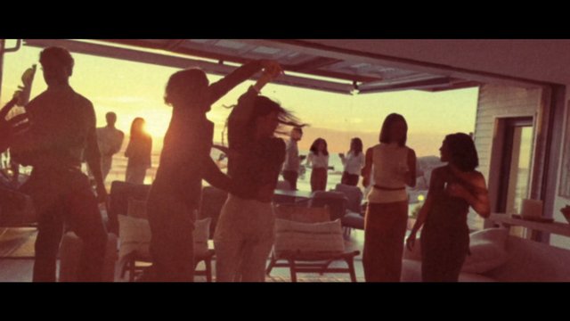 Video Reference: sunset, silhouette, people, dancing, party, lounge, seaside, ocean, indoor, social, group, vacation, evening, backlit, window, interior