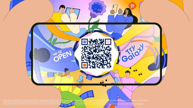 Video Reference: illustration, qr code, mobile app, smartphone, promotion, advertisement, colorful, digital, technology, social media, cartoon, people, open sign, galaxy, app screen, banner