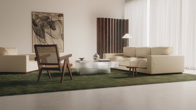 Video Reference: living room, modern interior, sofa, armchair, coffee table, abstract art, curtains, rug, minimalist, home decor, interior design, neutral tones, wood furniture, lamp, spacious, contemporary