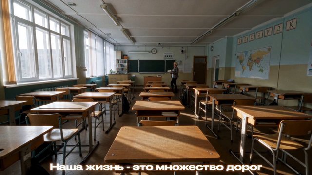 Video Reference: classroom, school, desks, chalkboard, teacher, world map, windows, empty room, interior, education, lecture, Cyrillic text, overlay text, sunlight, academic, back to school