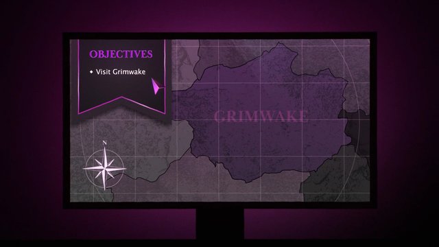 Video Reference: map, game UI, objective, Grimwake, purple, monitor, compass, navigation, fantasy, interface, screen, location, mission
