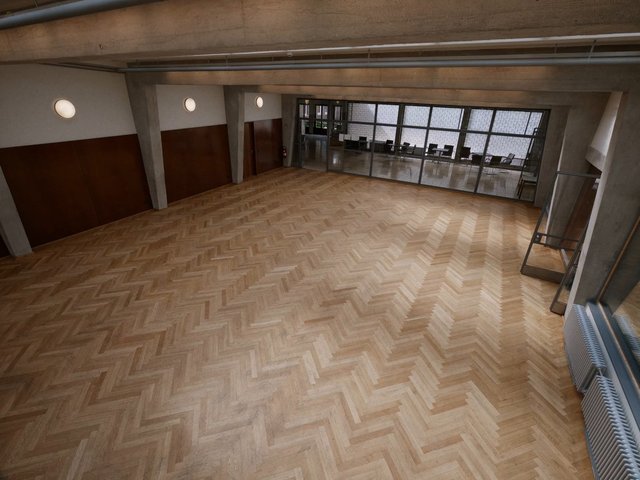Video Reference: empty room, indoor hall, wood floor, herringbone, interior, concrete, glass wall, modern architecture, spacious, minimalist, lounge, meeting area, natural light, real estate, commercial interior