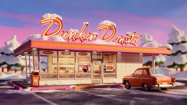 Video Reference: donut shop, neon sign, snow, retro, storefront, car, winter, coffee, roadside, evening sky, pink sky, commercial building, parking lot, architecture, animated scene