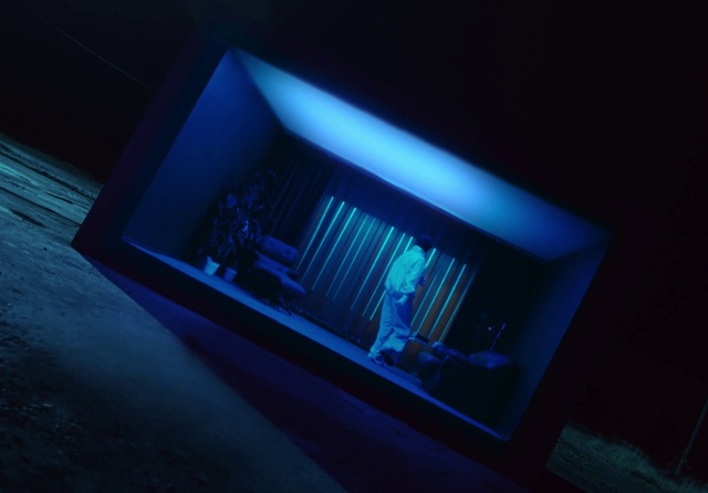 Video Reference: Rectangle, Building, Stairs, Gas, Electric blue, Space, Ceiling, Facade, Glass, Font