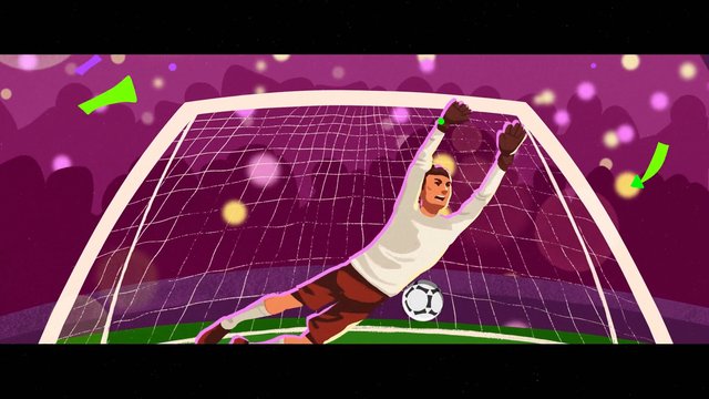 Video Reference: soccer, football, goalkeeper, goal, save, dive, ball, net, sports, illustration, cartoon, action, stadium, purple, motion, celebration