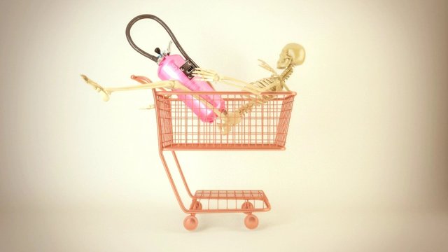 Video Reference: skeleton, shopping cart, figurine, pink, studio shot, conceptual, still life, surreal, cart, toy, minimal background, humor, ecommerce, creative