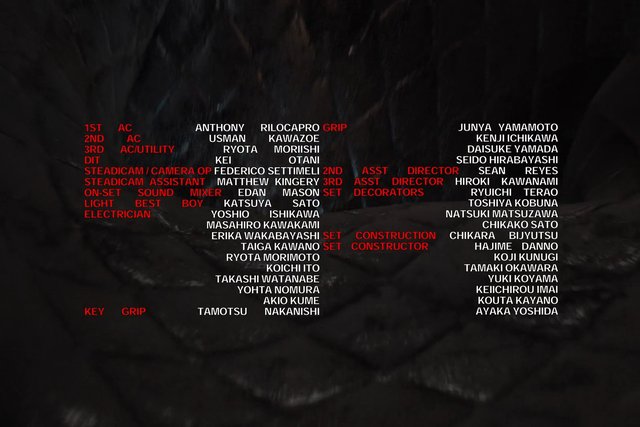 Video Reference: end credits, text overlay, crew credits, film credits, dark background, white text, red text, names, roles, production, cinema, closing titles, motion picture, subtitle style, abstract background