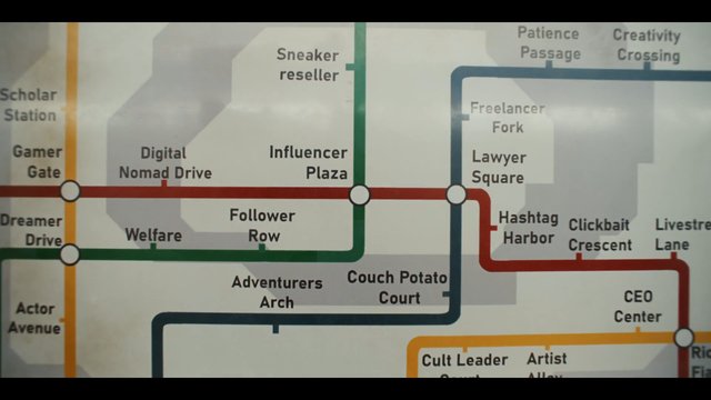 Video Reference: map, diagram, transit map, routes, stations, labels, social media, career, graphic design, infographic, signage, influencer, lawyer, CEO, freelancer, metaphor
