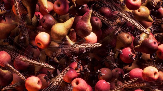 Video Reference: fruit, apples, pears, wheat, star anise, spices, still life, close-up, abstract, food, arrangement, warm colors, macro, decorative