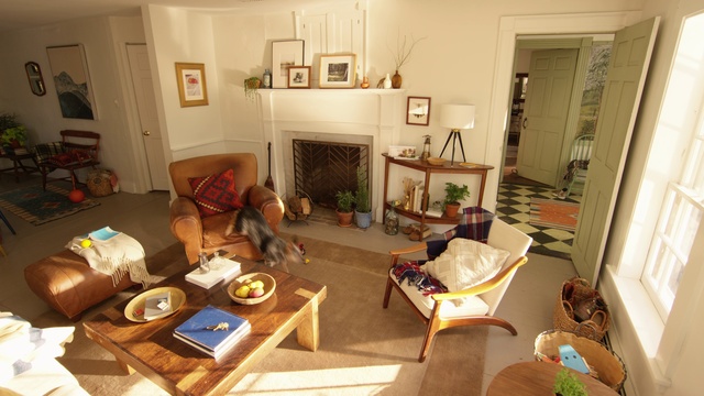 Video Reference: Picture frame, Table, Furniture, Couch, Building, Wood, Living room, Floor, studio couch, Flooring