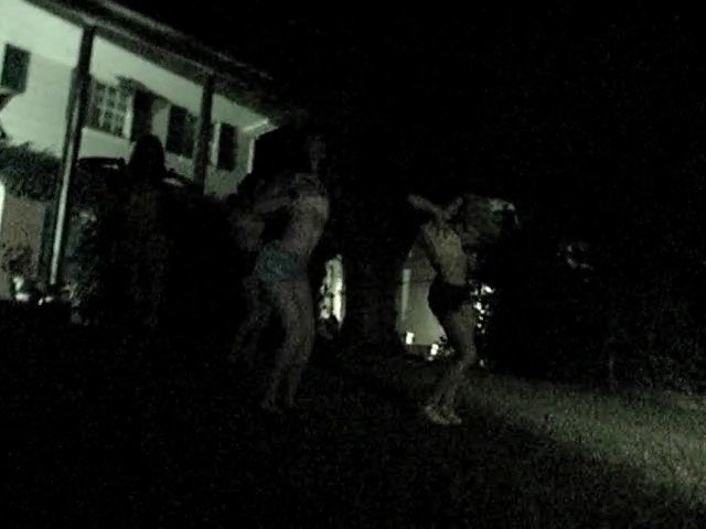 Video Reference: night, outdoor, people, silhouettes, dark, building, tree, group, low_light, scene, nighttime