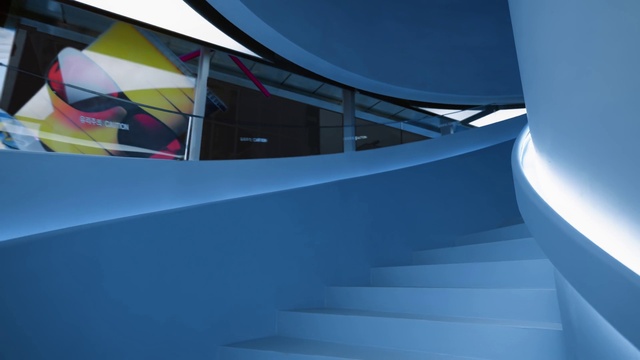 Video Reference: Stairs, Automotive design, Building, Slope, Tints and shades, Electric blue, Facade, Pattern, Space, Composite material