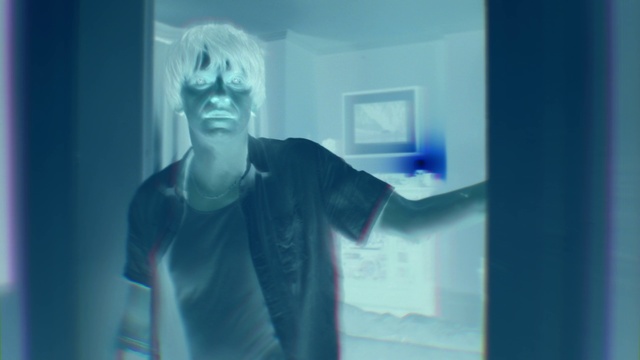 Video Reference: Vision care, Blue, Jaw, Sleeve, Flash photography, Gesture, Eyewear, Electric blue, Fun, T-shirt