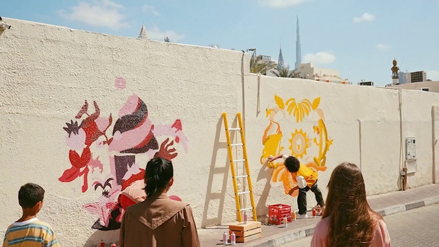 Video Reference: Sky, Cloud, Paint, Art, Wall, Artist, Leisure, Event, Facade, Visual arts