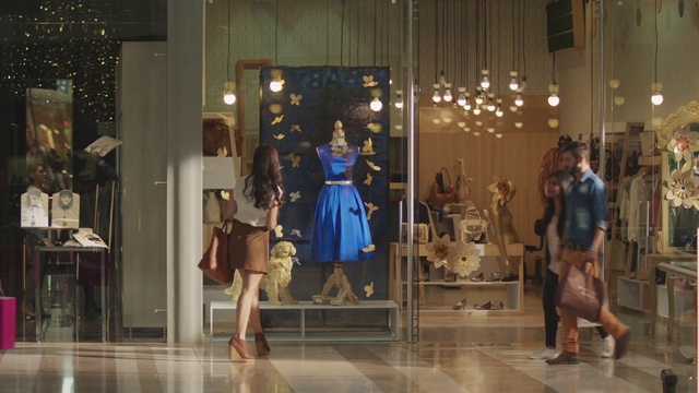 Video Reference: Dress, Standing, Shopping, Display case, Retail, Boutique, Fashion design, Window, One-piece garment, Mannequin