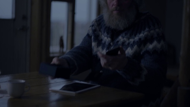Video Reference: Beard, Sleeve, Flash photography, Facial hair, Darkness, Tableware, Room, Fun, Sitting, Monochrome photography
