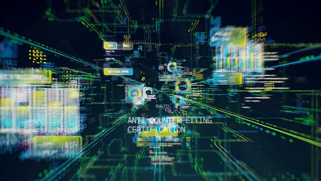 Video Reference: futuristic, digital interface, data visualization, HUD, neon, technology, cyber, analytics, charts, network, screen graphics, anti-counterfeiting, certification, abstract, glowing, dashboard