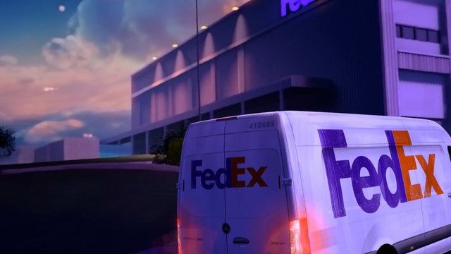 Video Reference: delivery van, truck, FedEx, shipping, logistics, transportation, building, dusk, evening, sky, urban, road, vehicle, courier