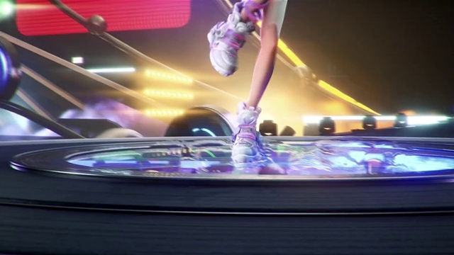 Video Reference: Arm, Hood, Purple, Performing arts, Entertainment, Thigh, Visual effect lighting, Magenta, Sneakers, Technology