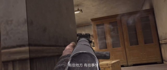 Video Reference: first-person, rifle, gun, indoor, room, cabinet, wooden furniture, aiming, shooter game, subtitles, video game, interior, weapon, low light
