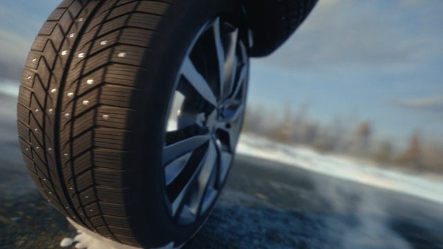 Video Reference: car tire, wheel, winter, snow, road, close-up, vehicle, driving, tread, all-season, outdoor, motion, transportation, automotive