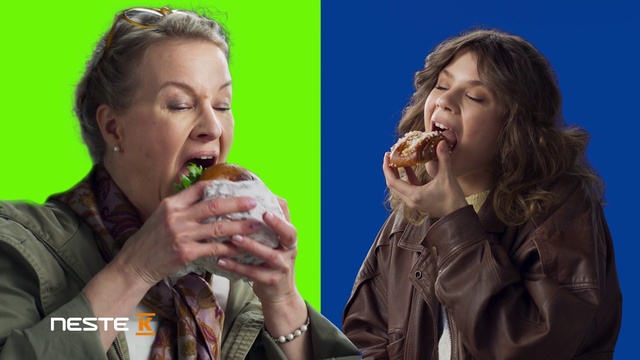 Video Reference: Hair, Food, Head, Mouth, Green, Food craving, Sunglasses, Gesture, Sharing, Goggles