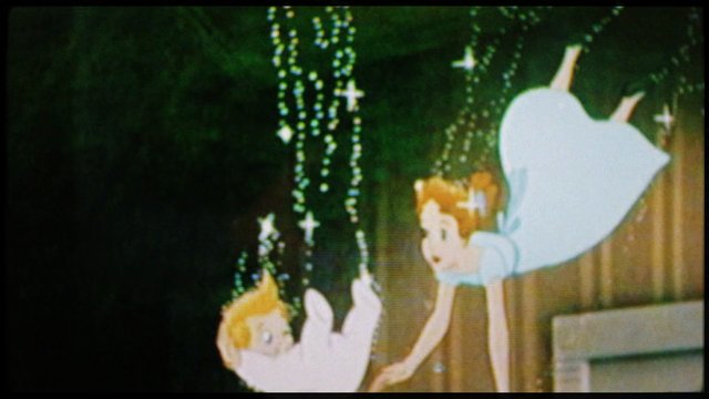 Video Reference: animated, cartoon, children, falling, floating, fantasy, sparkles, green background, white clothing, wooden wall, night scene, magic, anime