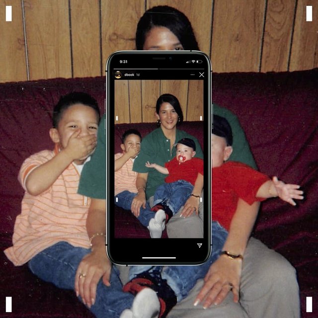 Video Reference: family, snapshot, phone screen, couch, woman, children, indoor, portrait, wood paneling, social media, home, retro photo