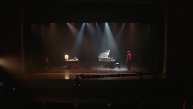 Video Reference: theater, stage, grand piano, spotlights, performance, set design, lamp, table, auditorium, entertainment, rehearsal, music, dark background, indoor