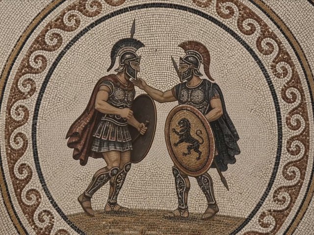 Video Reference: mosaic, ancient, warriors, armor, shield, helmet, historical, art, roman, greek, decorative, battle, floor mosaic, ornament, museum, archaeology