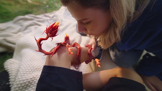 Video Reference: Hair, Skin, Plant, Neck, Eyelash, Gesture, Happy, Nail, People in nature, Feather
