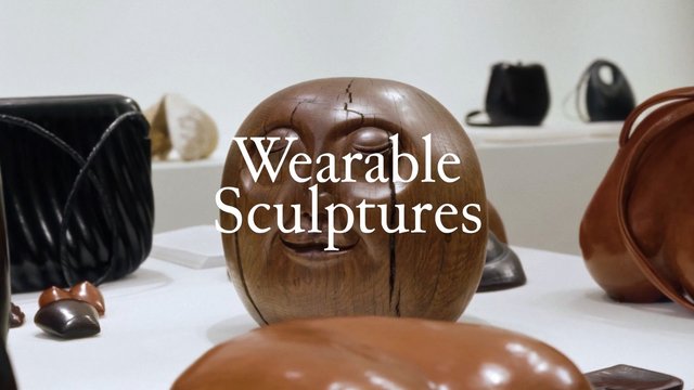Video Reference: sculpture, wood, art, gallery, fashion, bag, accessory, installation, design, display, text overlay, modern, handcrafted, objects, exhibit