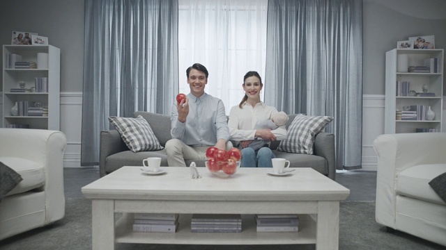 Video Reference: Table, Furniture, Couch, Tableware, Comfort, Smile, studio couch, Curtain, Grey, Shelf