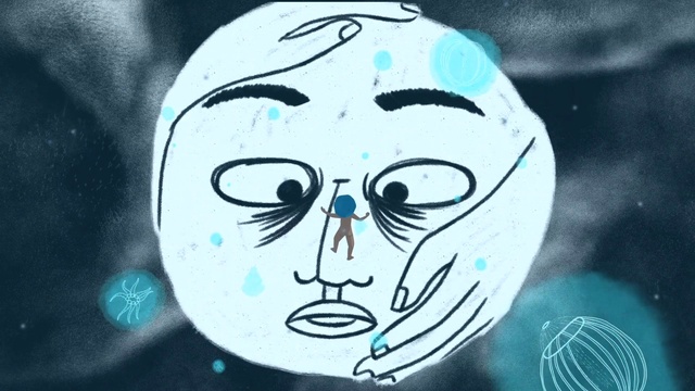 Video Reference: Eye, Azure, Bone, Art, Font, Electric blue, Painting, Illustration, Skull, Circle