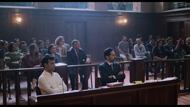 Video Reference: courtroom, trial, law, legal, audience, men, interior, justice, bench, attorney, defendant, public, wooden, formal, drama, group