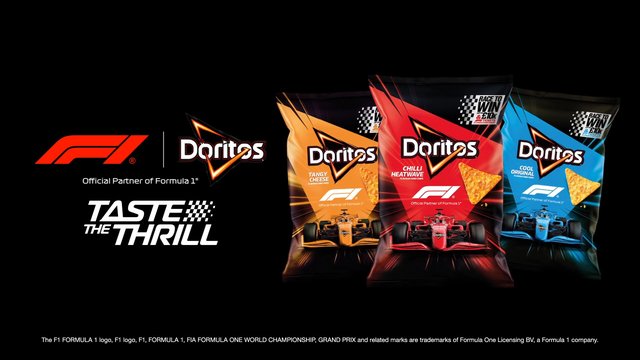 Video Reference: Doritos, Formula 1, snack food, chips, advertisement, branding, packaging, race car, promotion, black background, logo, slogan, product display, sports sponsorship