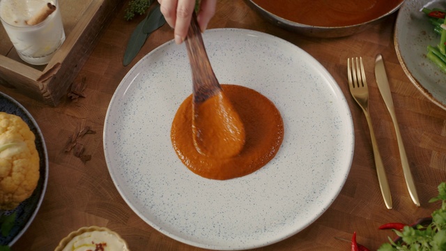 Video Reference: Tableware, Food, Kitchen utensil, Dishware, Plate, Ingredient, Serveware, Cutlery, Peanut sauce, Fork